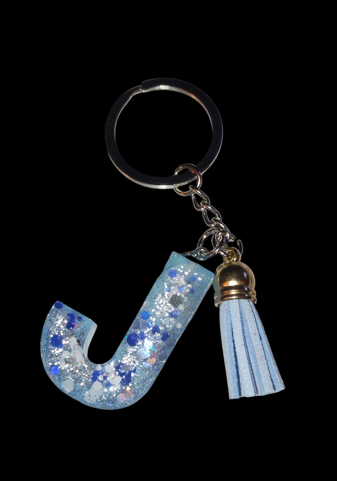 J Initial Keychain Letter J Blue and Silver With Gift Bag - Etsy