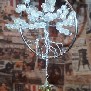 3&quot; White and Silver Crystal Tree of Life Sun Catcher Handmade Décor with Pentacle and Star Prism