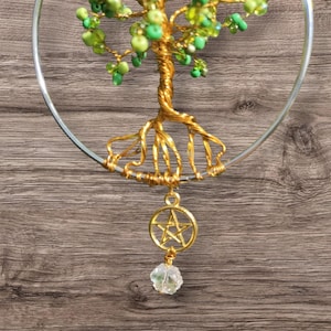 4&quot; Green and Gold Crystal Tree of Life Sun Catcher Handmade Décor with Pentacle and Prism