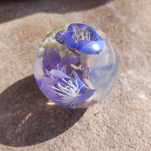 May include: A clear glass sphere containing a purple and blue flower with a white centre and yellow stamens.