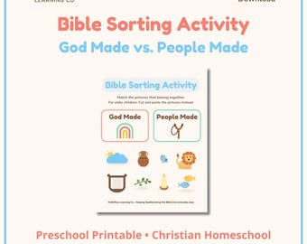 Bibelsortieraktivität für die Vorschule | Christliche Homeschool druckbare | God Made vs. People Made Arbeitsblatt