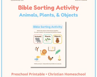 Bibelsortieraktivität für die Vorschule | Christliche Homeschool druckbare | Tiere, Gegenstände & Pflanzen Arbeitsblatt