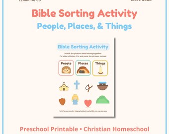 Bibelsortieraktivität für die Vorschule | Christliche Homeschool druckbare | Menschen, Orte, & Dinge Arbeitsblatt