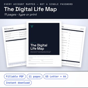 May include: A digital life map document set consisting of 11 pages in a fillable PDF format. The cover page features a dark blue background with white text reading The Digital Life Map. Includes sections for account locations and settings.