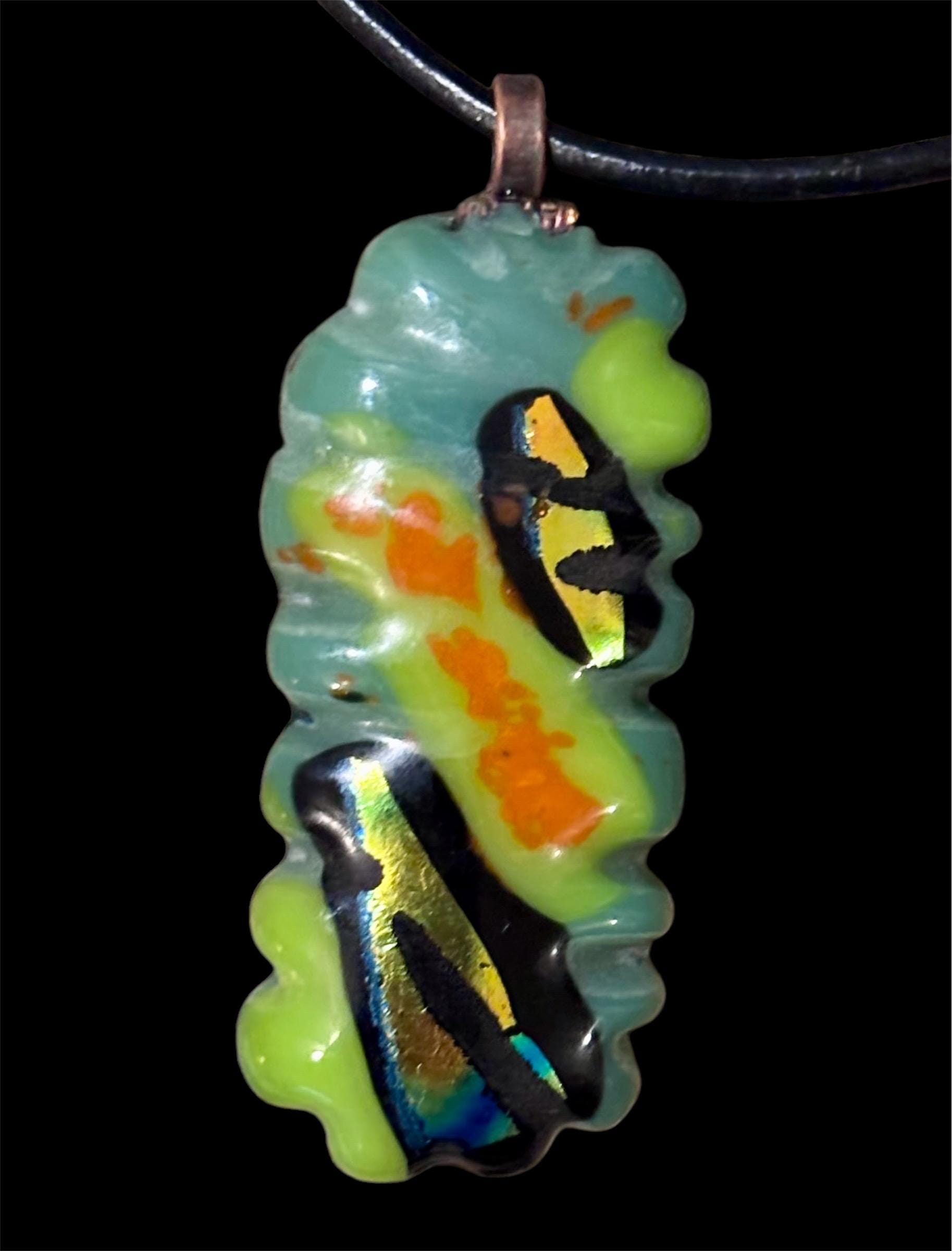 Fused Glass Necklace, Dichroic Glass Carved Pendant with Italian leather and Tierra Cast Findings- Unique, One of A Kind  Wearable Art - Thumbnail 2