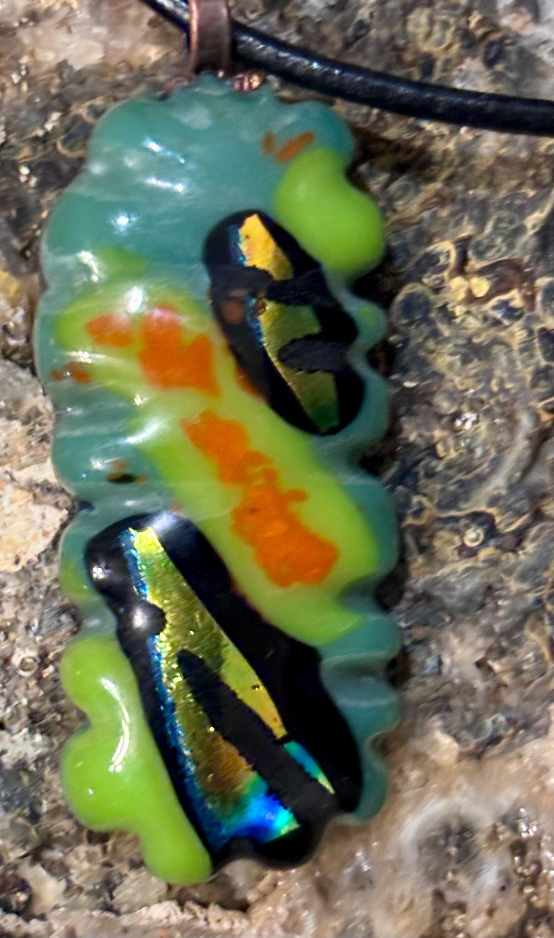 Fused Glass Necklace, Dichroic Glass Carved Pendant with Italian leather and Tierra Cast Findings- Unique, One of A Kind  Wearable Art - Thumbnail 4