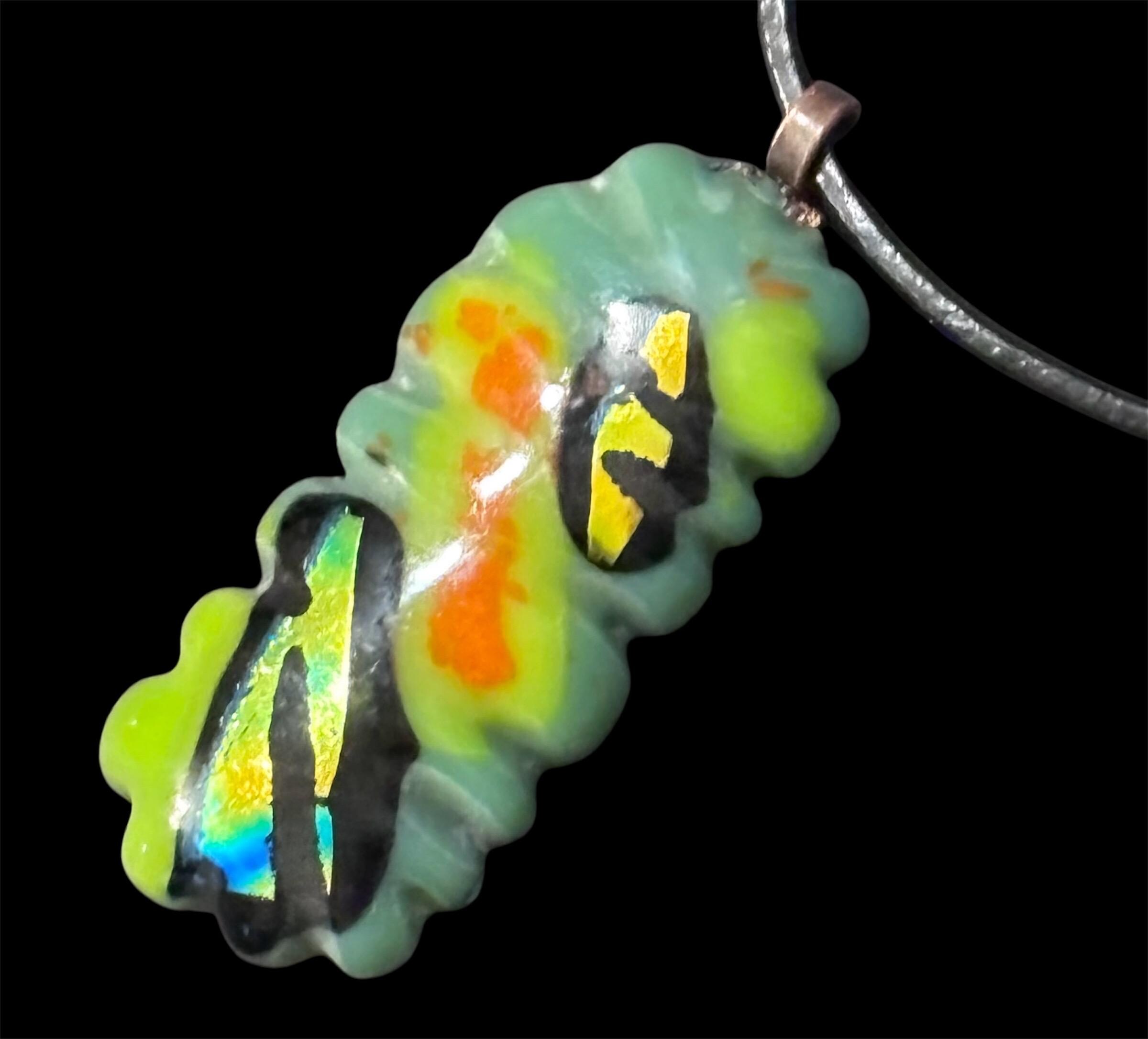 Fused Glass Necklace, Dichroic Glass Carved Pendant with Italian leather and Tierra Cast Findings- Unique, One of A Kind  Wearable Art - Thumbnail 3