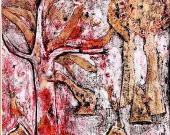 Textural Abstract Art Print: Reds and Browns Mixed Media