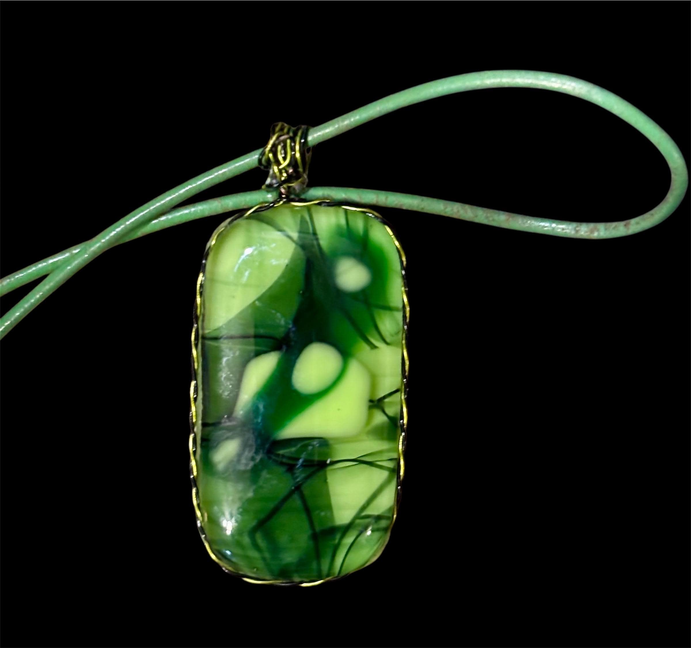 Fused Glass Necklace, Wire wrapped, Italian leather, Czech crystals, Tierra Cast findings- Unique, One of a kind  Wearable Ar - Thumbnail 2