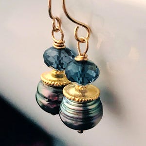 18k Solid Gold Tahitian Black Pearl Earrings, 18k Gold Black Pearl Earrings, 18k Gold London Blue Topaz Earrings, 18k Gold Drop Earrings image 3