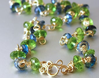 Waterfall - 18k Solid Gold London Blue Topaz and Peridot Necklace