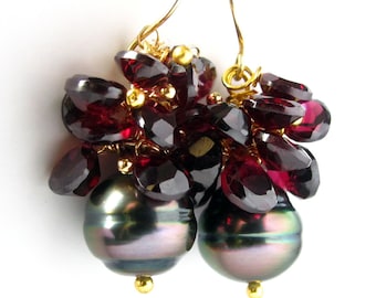 18K Tahitian Black Pearl Earrings, 18K Solid Gold Tahitian Black Pearl Earrings