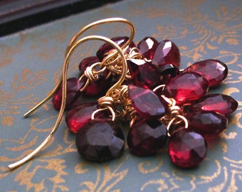 18K Solid Gold Garnet Dangle Earrings