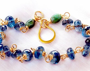14k Solid Gold London Blue Topaz and Emerald Bracelet