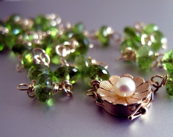 14k Peridot Necklace, 14k Peridot and Pearl Necklace