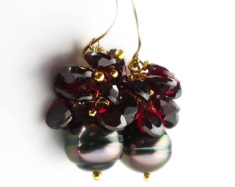 Tahitian Black Pearl Earrings, Tahitian Black Pearl Dangle Earrings, Garnet Earrings