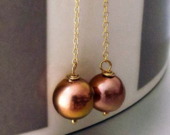 14k Solid Gold Pearl Drop Earrings, 14k Kasumi Style Pearl Dangle Earrings, Available in 14k White Gold, Rose Gold or Yellow Gold