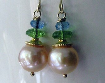 18K Gold Pearl Earrings with Peridot and London Blue Topaz