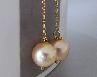 14k Solid Gold Pearl Drop Earrings, 14k Kasumi Style Pearl Dangle Earrings, Available in 14k White Gold, Rose Gold or Yellow Gold