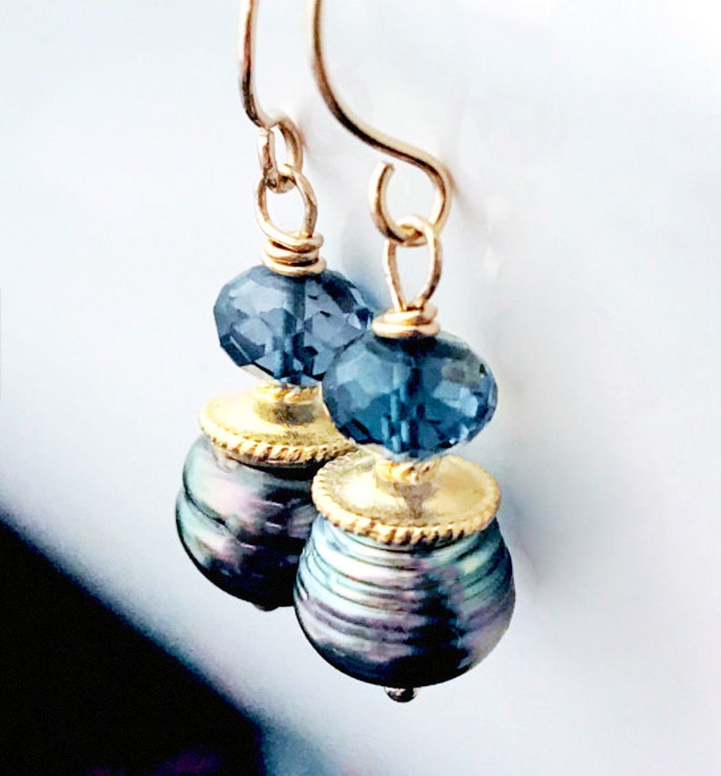 18k Solid Gold Tahitian Black Pearl Earrings, 18k Gold Black Pearl Earrings, 18k Gold London Blue Topaz Earrings, 18k Gold Drop Earrings image 1