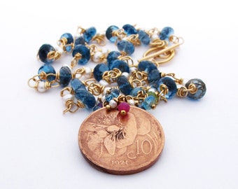 14K London Blue Topaz Necklace with Authentic 1921 Italian Art Nouveau Coin