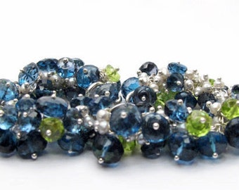 London Blue Topaz, Peridot and Pearl Cluster Bracelet