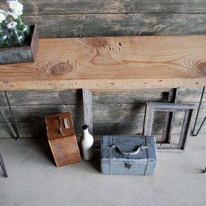 Industrial Console Table with reclaimed wood top hairpin legs and locker basket. Choose size and wood finish. image 4