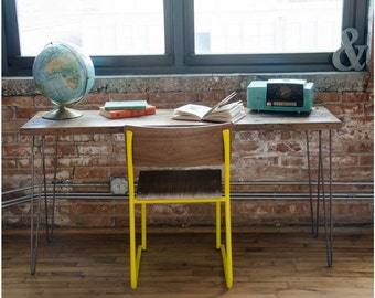 Reclaimed Wood Desk with hairpin legs and solid plank wood top.  You choose size, wood thickness and finish.