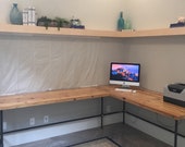 Urban Wood L Shape desk crafted of reclaimed wood with pipe legs