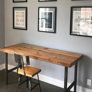 Farmhouse Computer Desk made with barn wood top and steel H frame legs. Custom designs welcome. Choose height, size, thickness and finish. image 1