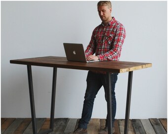 Urban Farmhouse Standing Work Desk, Home Office Desk made of reclaimed wood and tapered steel base.  Choose size, height, finish, thickness.