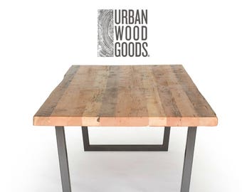 Modern Wood Dining Table with 1.5" thick reclaimed wood top and steel U legs.  Choose size, wood thickness and finish.