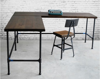 Urban Wood Goods Reclaimed Wood L Desk, Wood Desk, Wooden Desk.  Choose size, height, wood thickness and finish