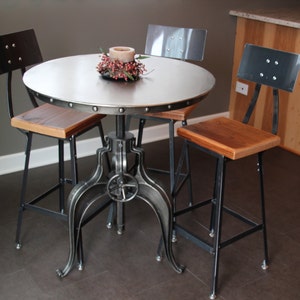 Stool with steel back in three heights 18 table height, 25 counter height, 30 bar height. Your choice of wood finish and height. image 3