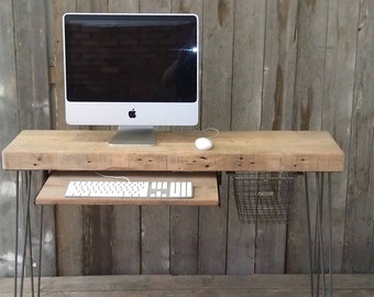 Desk made with reclaimed wood and mid century hairpin legs. Choose size, thickness, finish and add accessories.  Custom inquiries welcome.