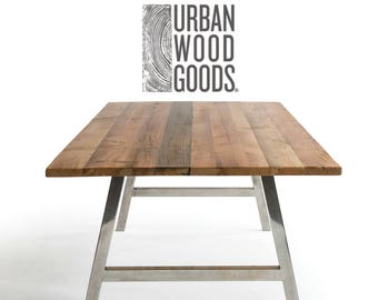 Rustic Wood Dining Table with reclaimed wood top and brushed stainless steel A framed legs.  Choose size, style, wood thickness and finish.