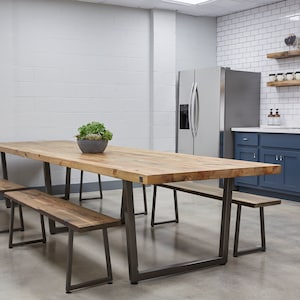 Wood Dining Table with reclaimed wood top and steel tapered legs in choice of sizes, base style or finishes