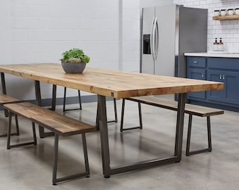 Wood Dining Table with reclaimed wood top and steel tapered legs in choice of sizes, base style or finishes