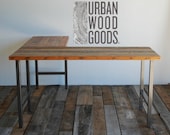 Standing Desk made in L shape with reclaimed wood and steel. Custom designs welcome. Choose height, size, finish, base, wood thickness.