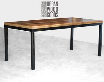 Urban Wood Dining Table made with 1.5" reclaimed wood top and painted steel legs.  Choose height, size and wood thickness.
