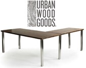 L-Shaped Desk made with reclaimed wood top and steel legs. Choose style, size, return side, thickness and finish. Custom inquiries welcome