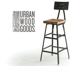 Counter Height Harvest Barn Wood Stool with steel back (1) 25" counter height stool with back.  Your choice of wood finish and stool height.