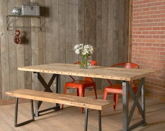 Industrial Bench made of reclaimed wood and square steel base.  Choose size, thickness, and finish.