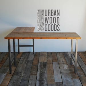 L Shaped Wood Desk with Steel Pipe Legs L Shaped Reception Desk Solid Wood Desk L Shape Barnwood Desk in L Shape with Reclaimed Wood image 1