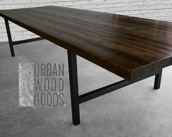 Conference Table, Large Wood Table made with thick 2.5" reclaimed wood top and steel H legs in your choice of color, size and finish