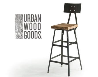 Wood Stool with steel back in three different heights (table 18", counter 25", bar 30"). Made of reclaimed wood. Choice of height and finish