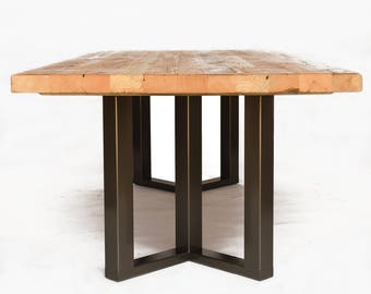 Modern Wood Conference Table, Office Table with 2.5" thick reclaimed wood top and steel symmetry base.  Choice of size and finish.