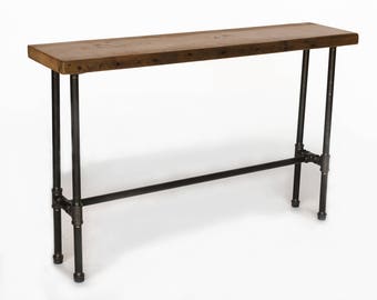 Industrial Console Table made with pipe legs and reclaimed wood.  Custom height, wood thickness, size and finish welcome.