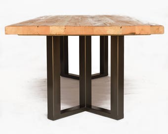 Thick Top Dining Table made of 2.5" thick reclaimed wood and steel legs in your choice of style ,color, size, finish.