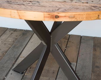 Round wood table in reclaimed wood and steel legs in your choice of color, size and finish